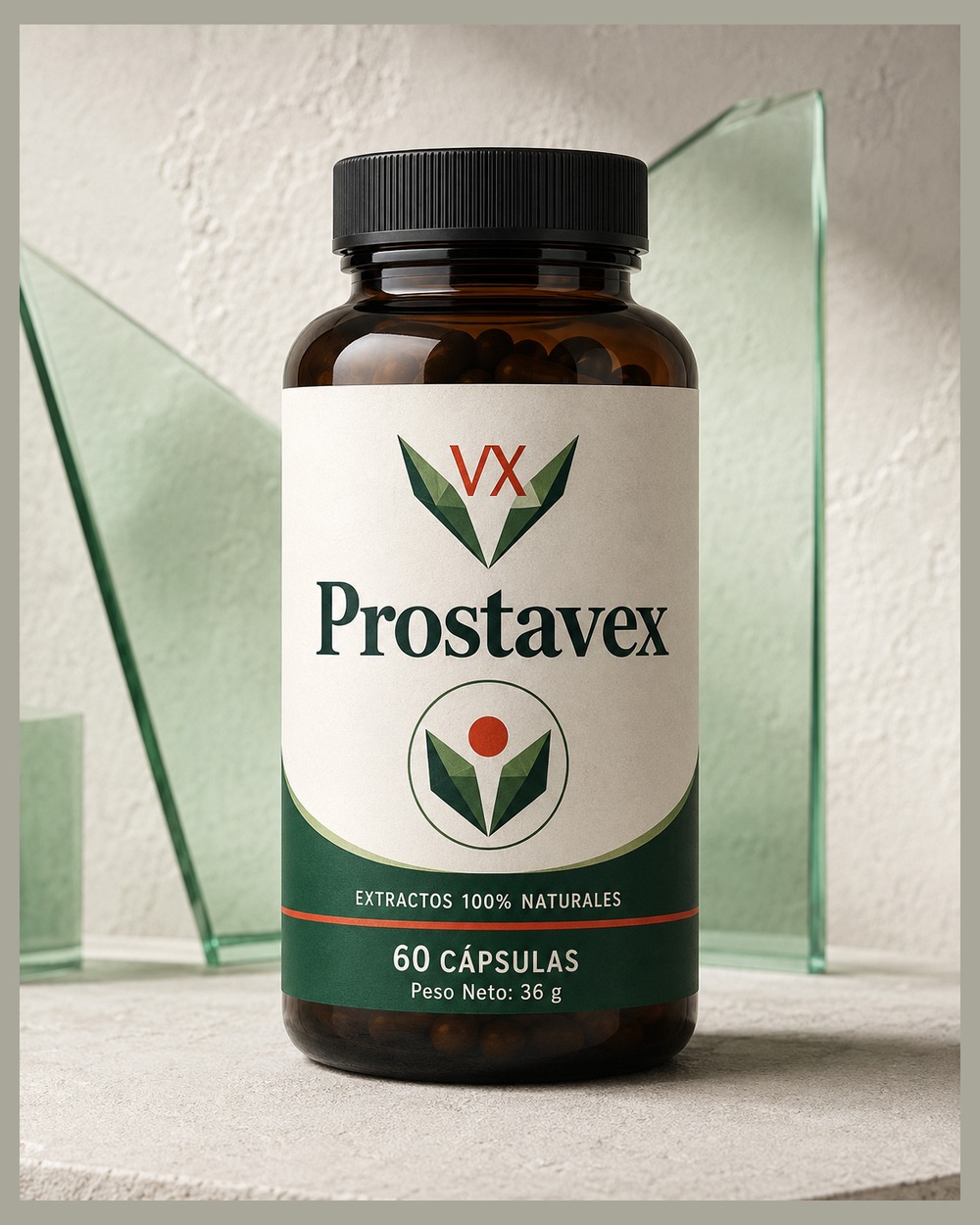 Prostavex en una composición de estudio con tonos crema y verdes
